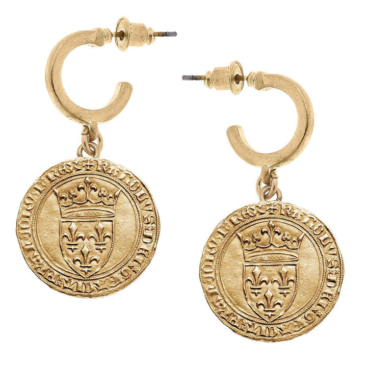 CANVAS Style x MaryCatherineStudio French Coin Drop Hoop Earrings in Worn Gold