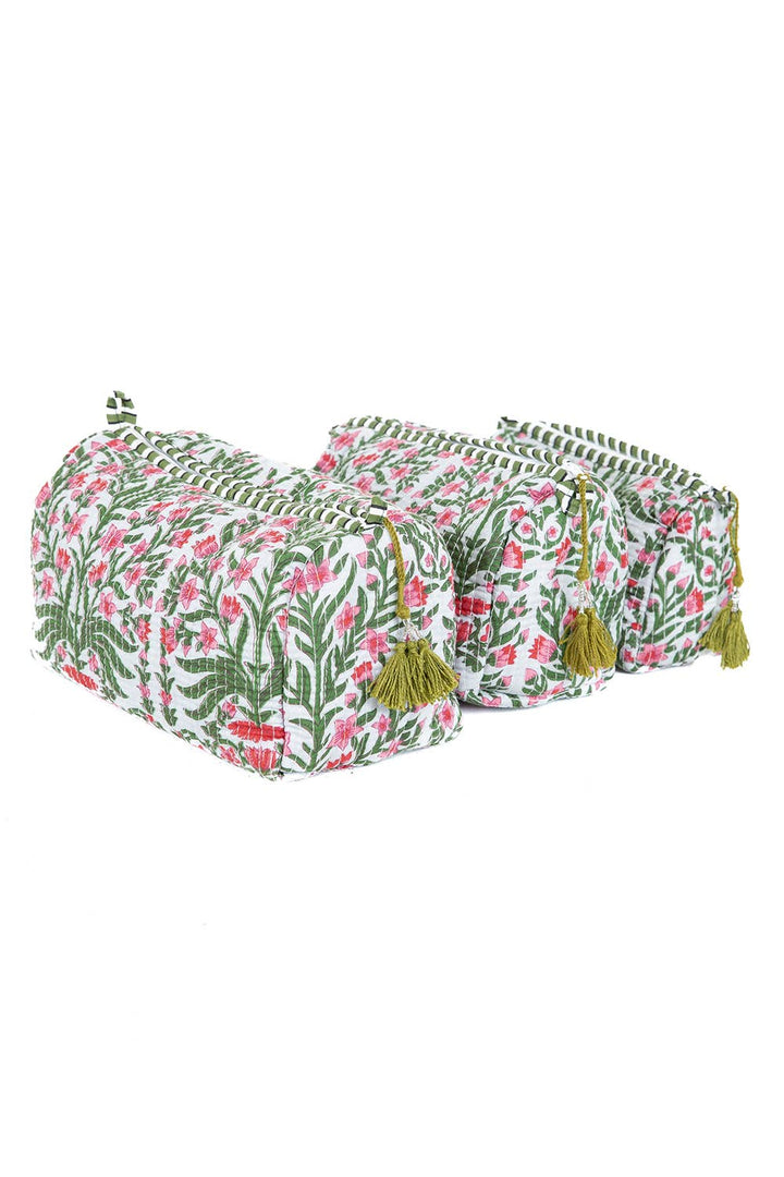Black Floral print Quilted Cotton Toiletry Bag Set