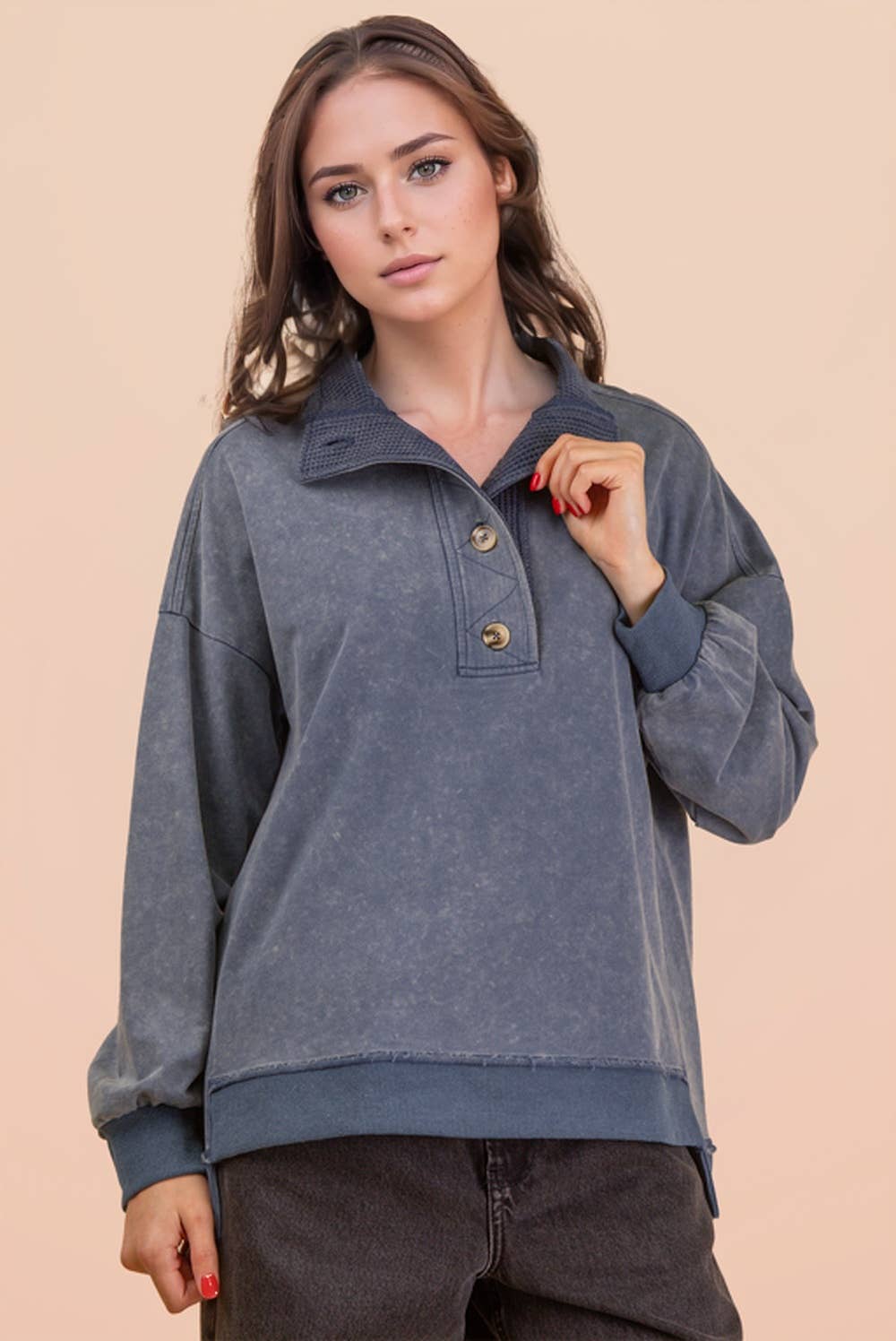 Very J Mock Neck Mineral Washed Knit Top
