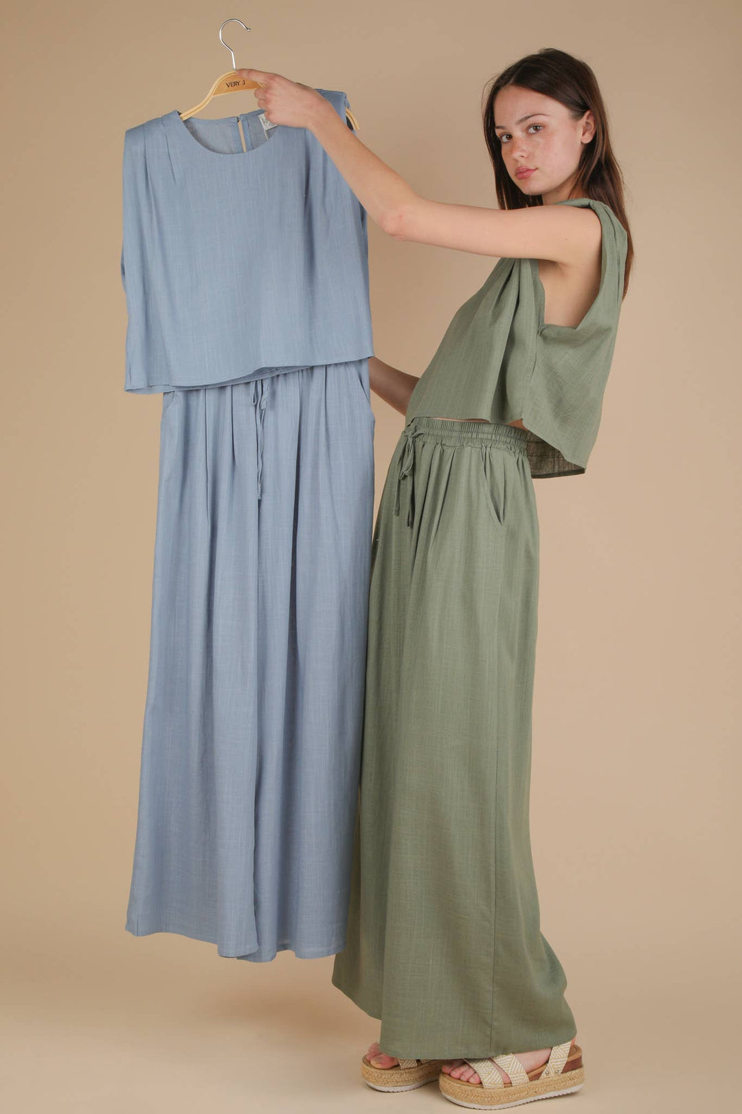 NT12090SET-Solid Woven Top & Pants Set