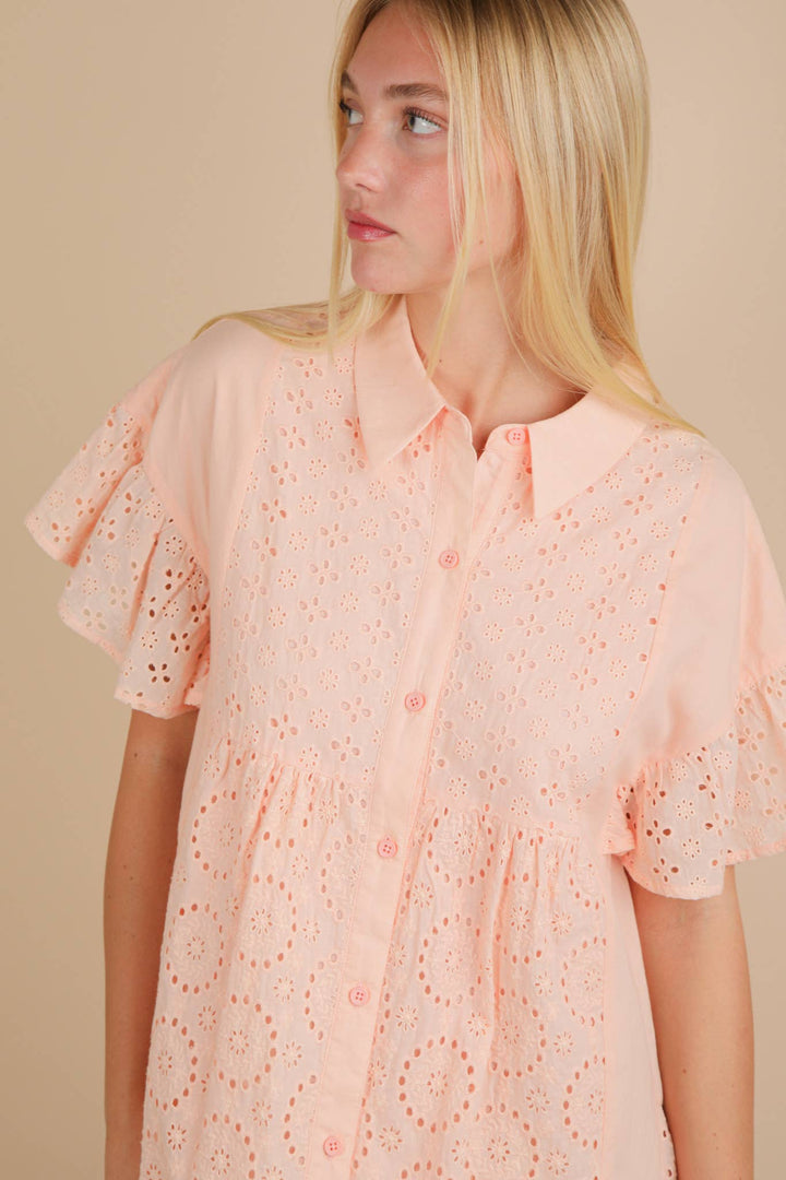 ND31658-Mixed Cotton Eyelet Lace Ruffled Mini Shirt Dress