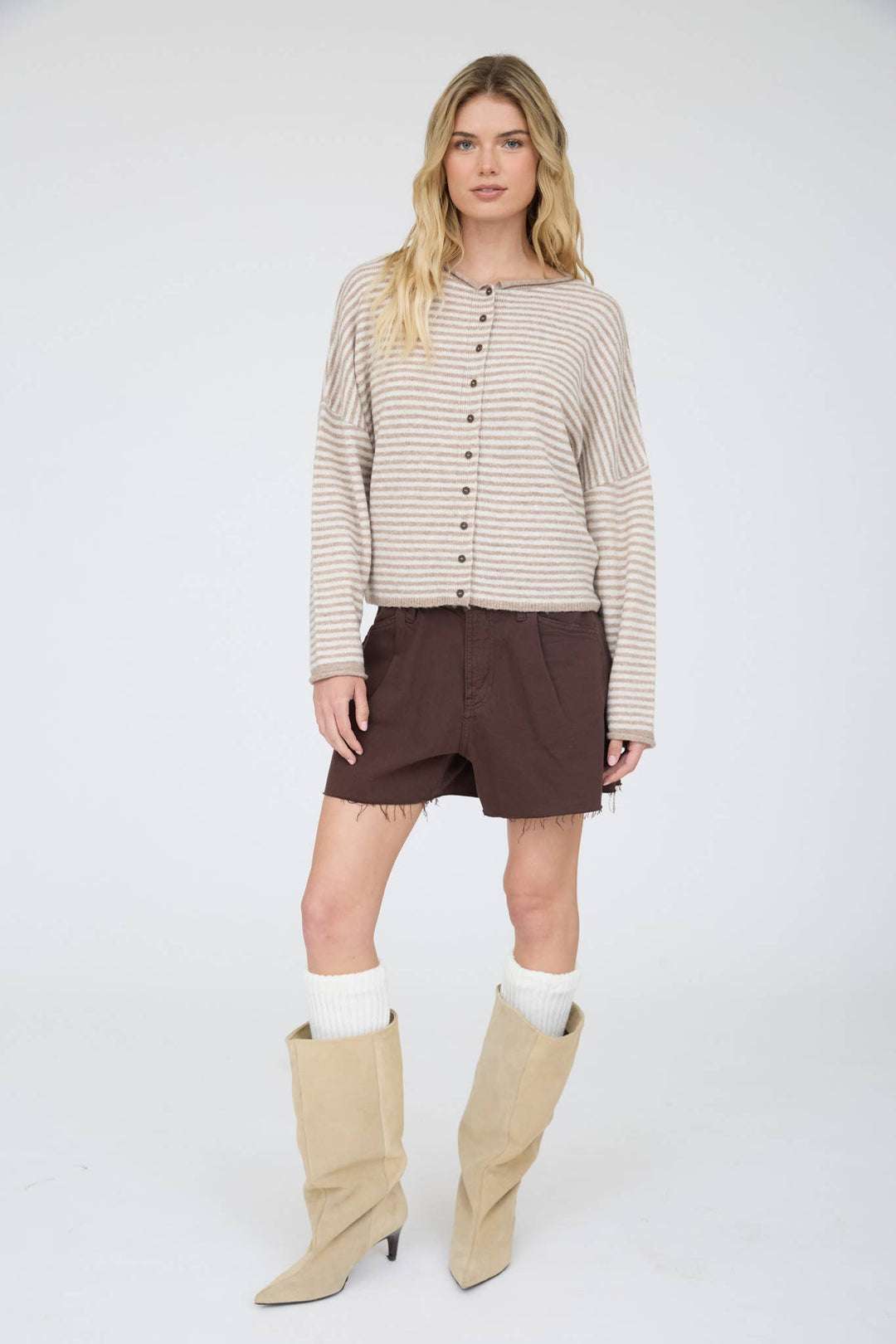 STRIPE RAW EDGE DROP SHOULDER KNIT CARDIGAN