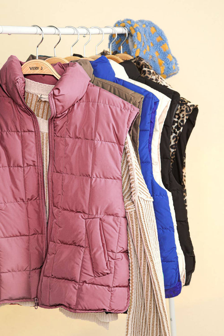 NJ90282-Solid & Leopard Puffer Padded Warm Vest