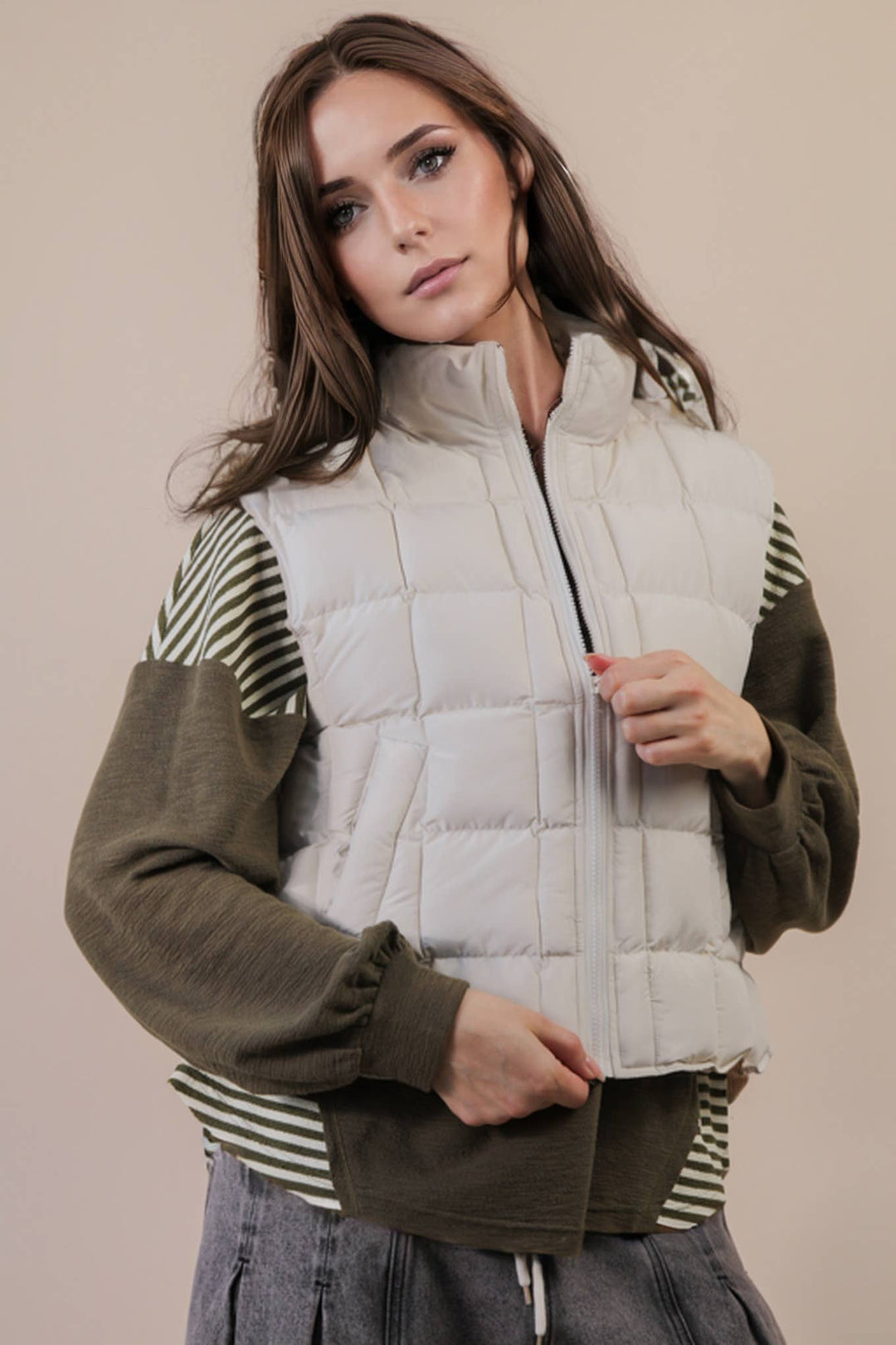 NJ90282-Solid & Leopard Puffer Padded Warm Vest