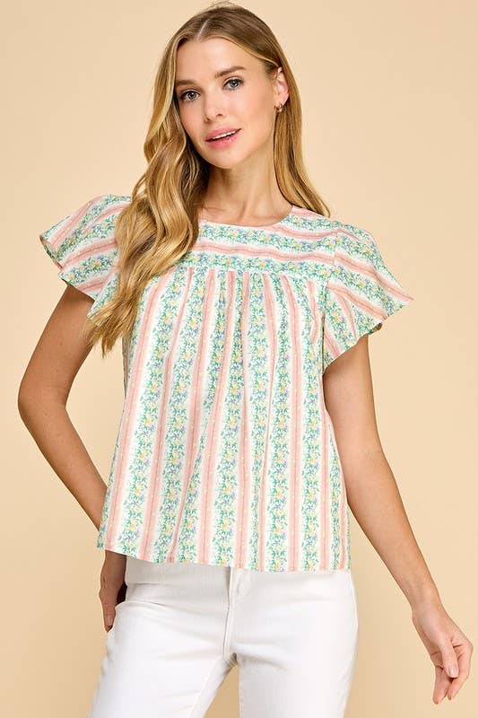 CT8860-Floral Striped Round Neck Ruffle Sleeves Top