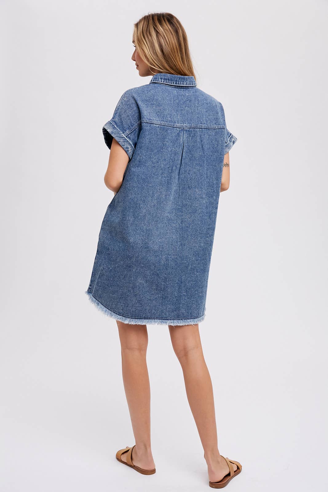 FRAYED HEM WASHED DENIM SHIRT DRESS