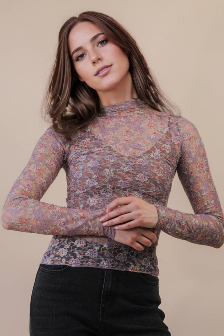 Very J Fitted Sheer Mesh Lace Top