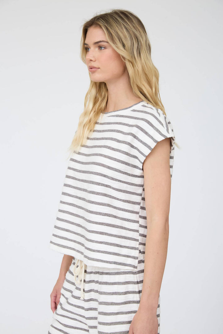 STRIPE ROUND NECK SHORT SLEEVE KNIT TOP & PANT SET