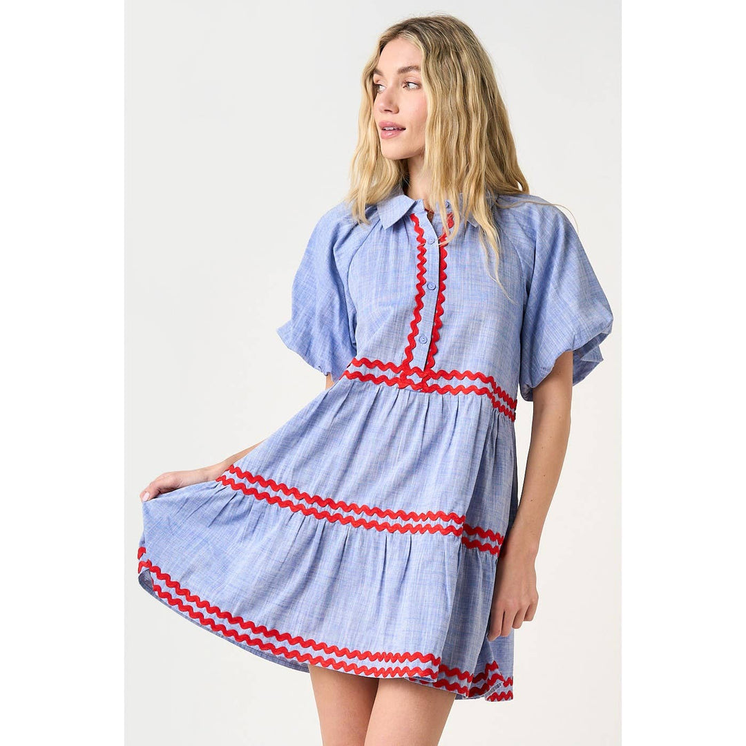 CHAMBRAY ZIG ZAG CONTRAST BUBBLE SLEEVE MINI DRESS