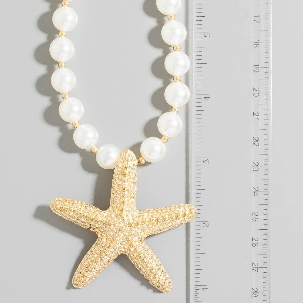 Gold Starfish Pendant Pearl Beaded Necklace