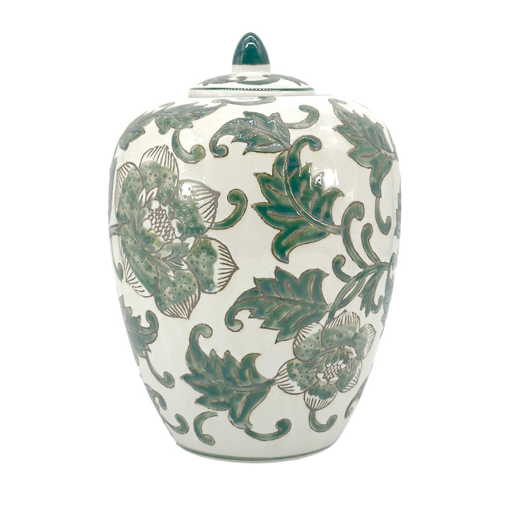 Green & White Floral Ceramic Chinoiserie Ginger Jar 11"