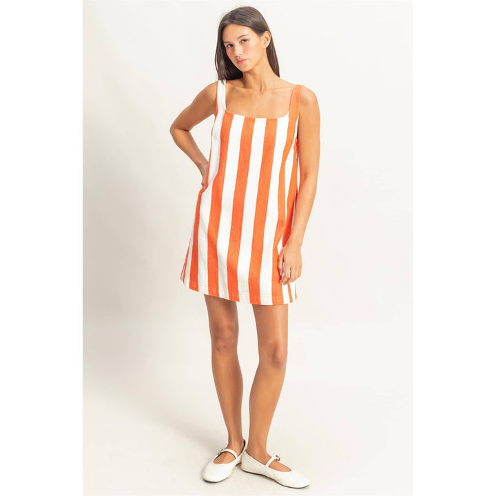 DZ25E182-Striped Square Neck Woven Mini Dress