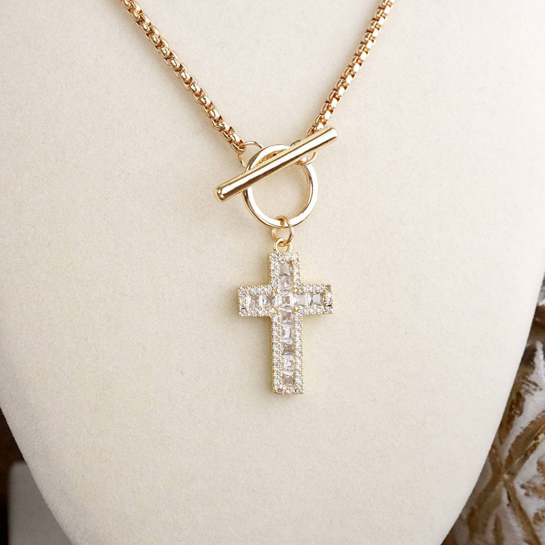 Radiant Devotion – Crystal Cross Toggle Necklace in Gold