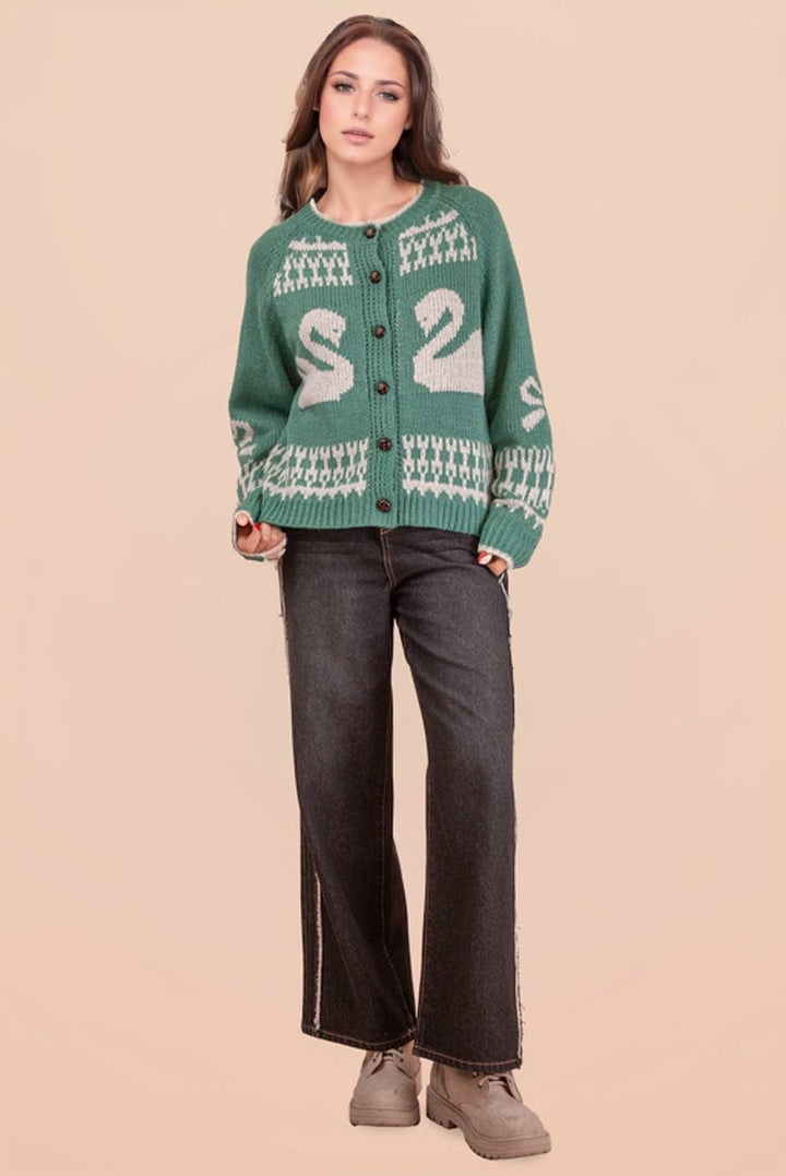 Very J Oversized Graphic Swan Sweater Cardigan