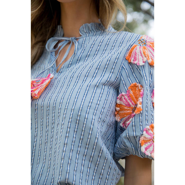 Puff Sleeve Embroidered Tassel Stripe Top