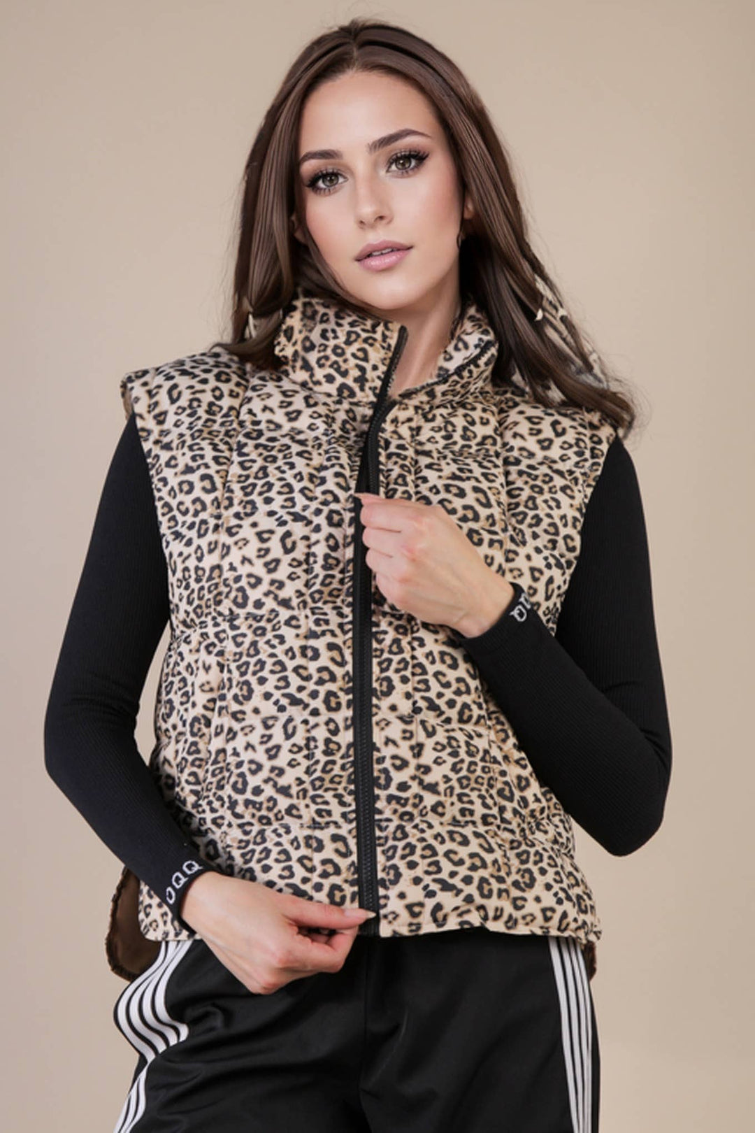 NJ90282-Solid & Leopard Puffer Padded Warm Vest