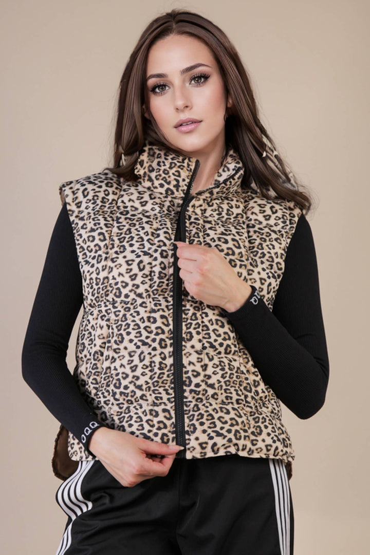 NJ90282-Solid & Leopard Puffer Padded Warm Vest