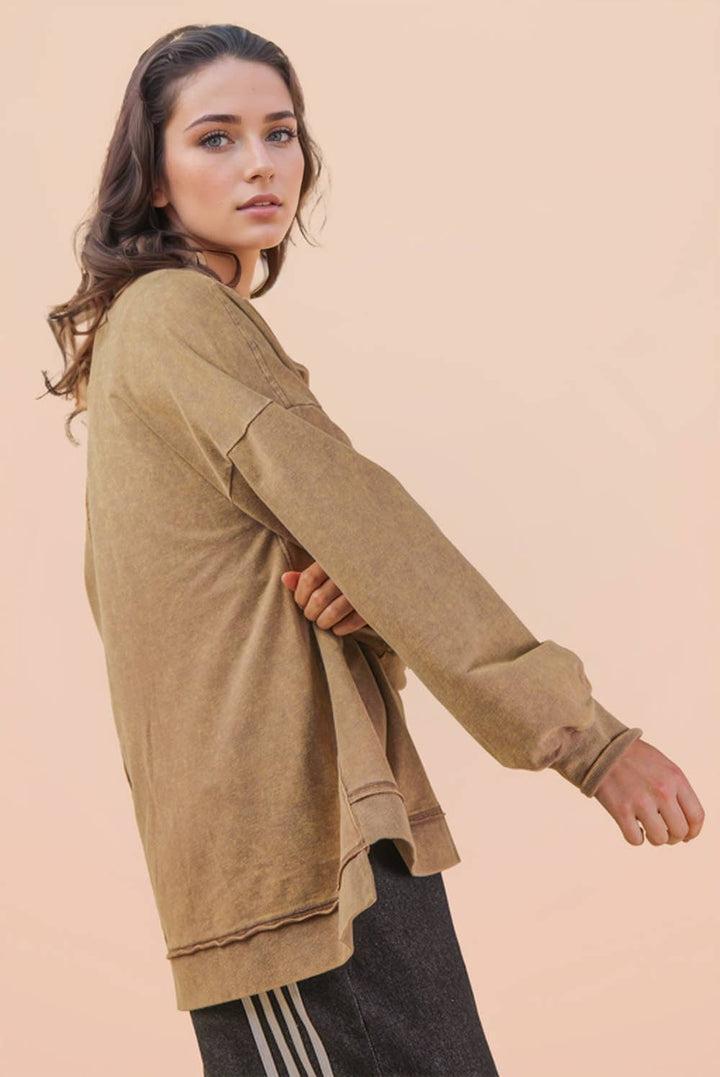 Very J Mock Neck Mineral Washed Knit Top