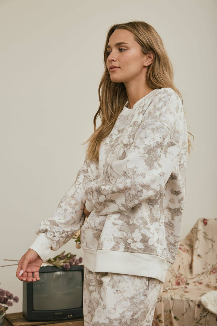 FLORAL CAMO WASH BOXY CREW KNIT TOP & PANTS SET