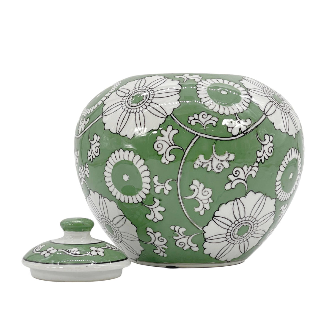 Green & White Floral Ceramic Chinoiserie Ginger Jar 8"