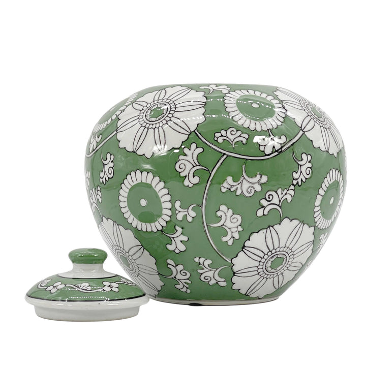 Green & White Floral Ceramic Chinoiserie Ginger Jar 8"