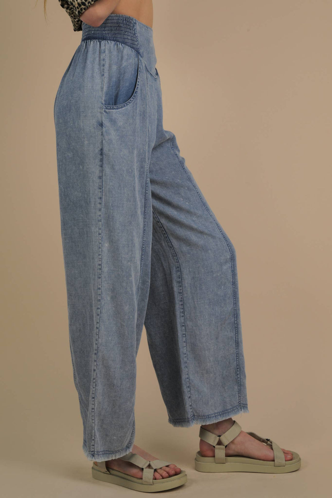 NP70568-Smocking Waist Washed Chambray Wide Pants
