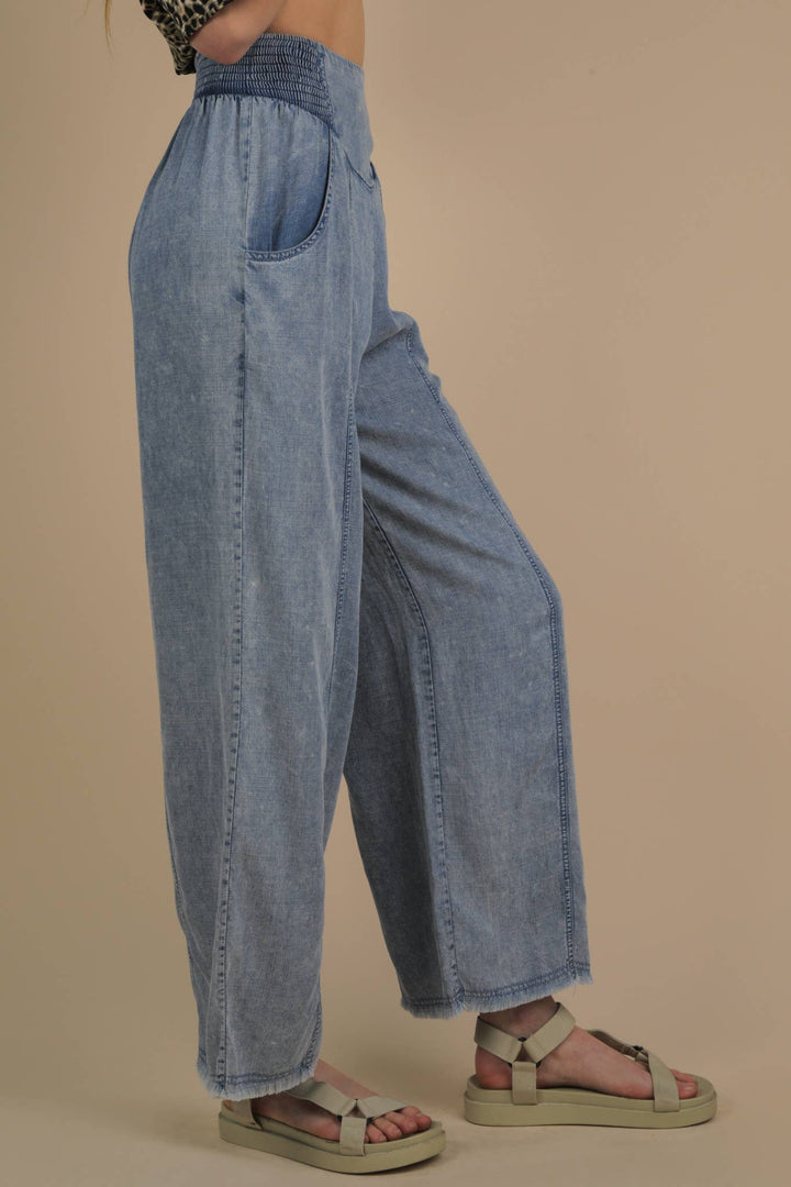 NP70568-Smocking Waist Washed Chambray Wide Pants