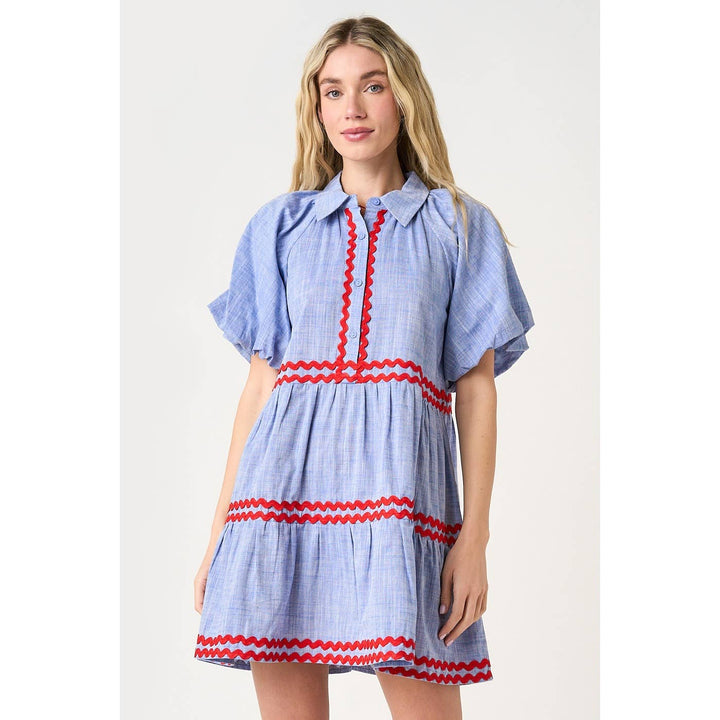 CHAMBRAY ZIG ZAG CONTRAST BUBBLE SLEEVE MINI DRESS