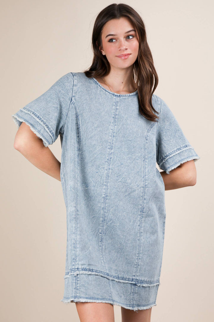 ND31576-Washed Denim Shift Mini Dress