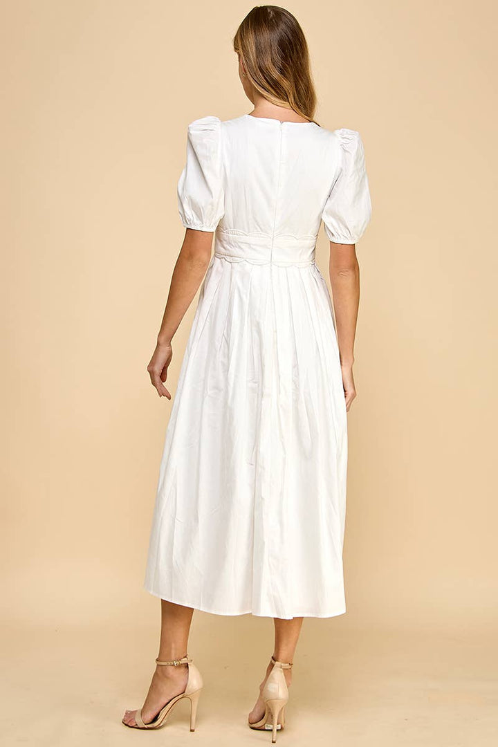 -V Neckline Scalloped Detail Midi Dress