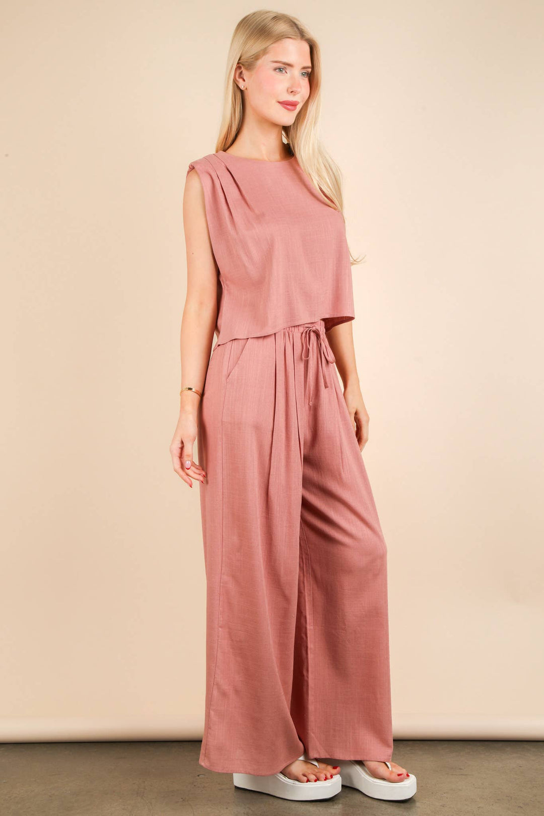 NT12090SET-Solid Woven Top & Pants Set