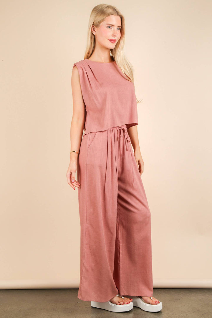 NT12090SET-Solid Woven Top & Pants Set