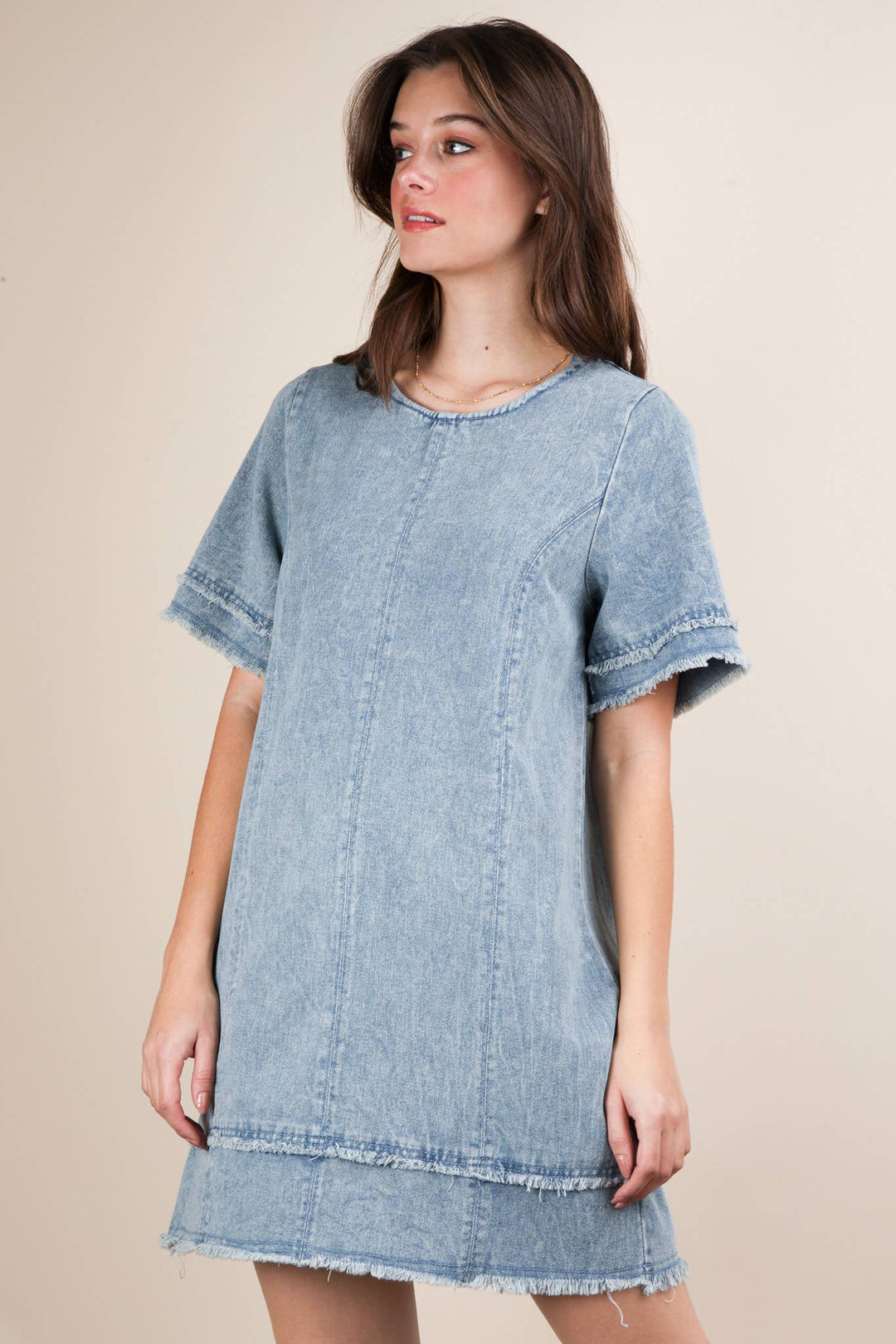 ND31576-Washed Denim Shift Mini Dress