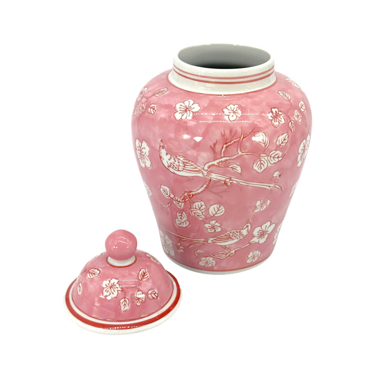Pink & White Ceramic Chinoiserie Jar 12"