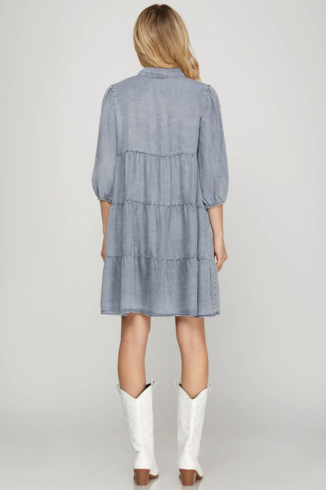 PL6065 - CHAMBRAY TIERED BUTTON DOWN DRESS