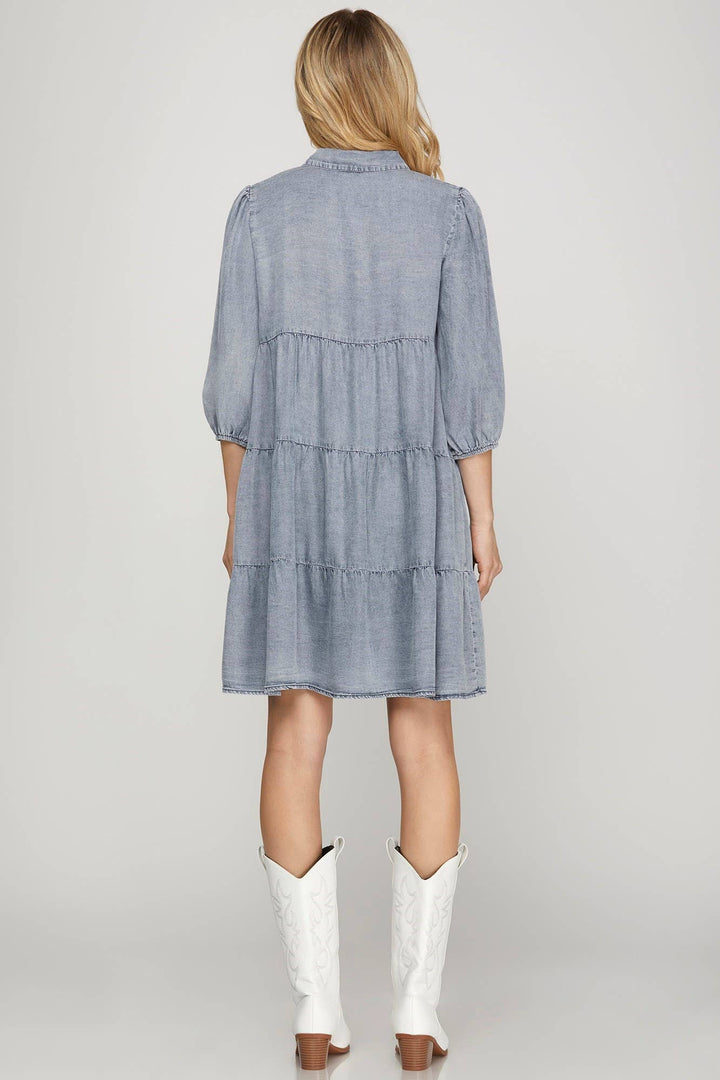 PL6065 - CHAMBRAY TIERED BUTTON DOWN DRESS