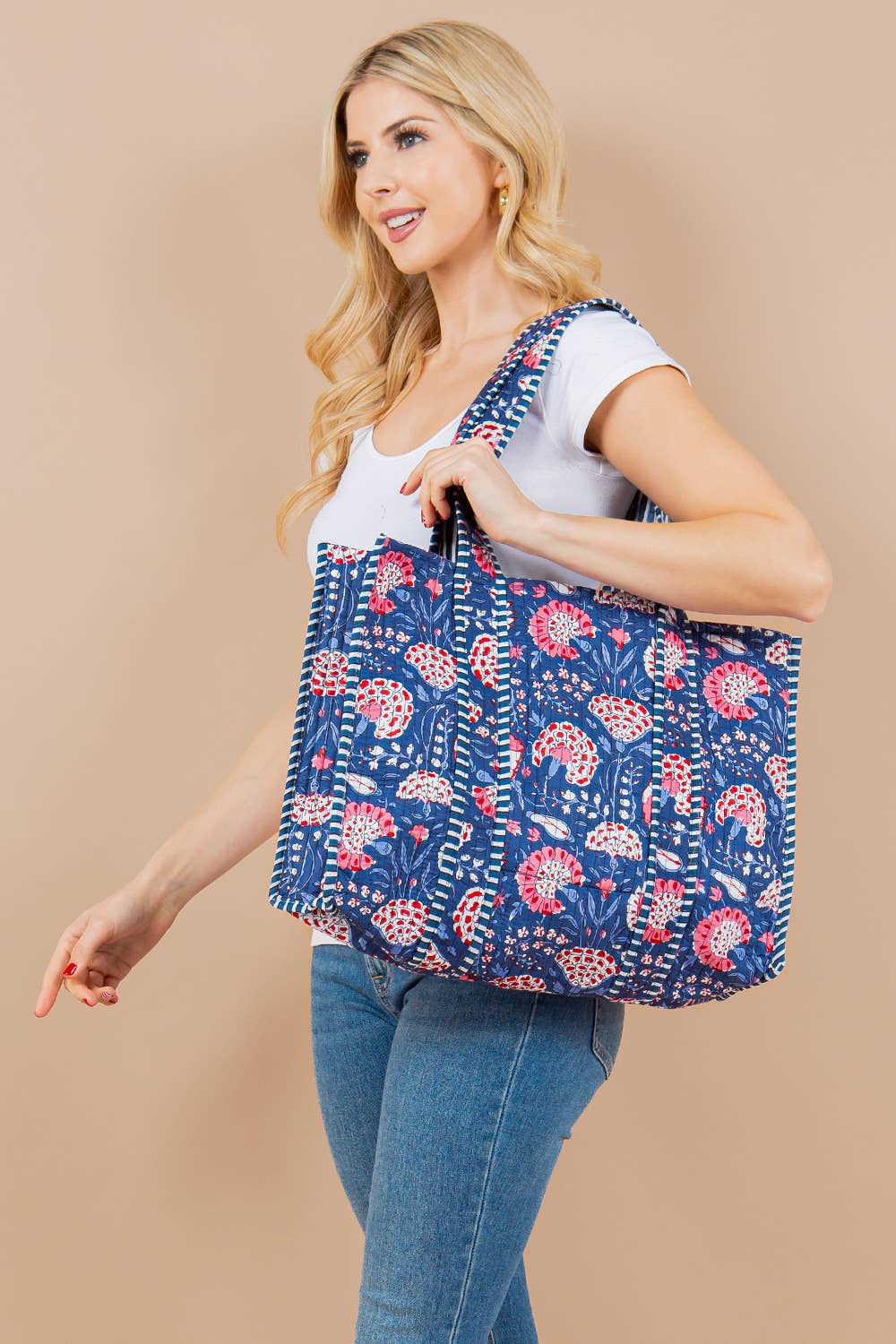 Blue Floral Quilted Tote Bag