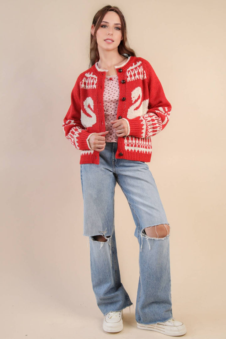 Very J Oversized Graphic Swan Sweater Cardigan