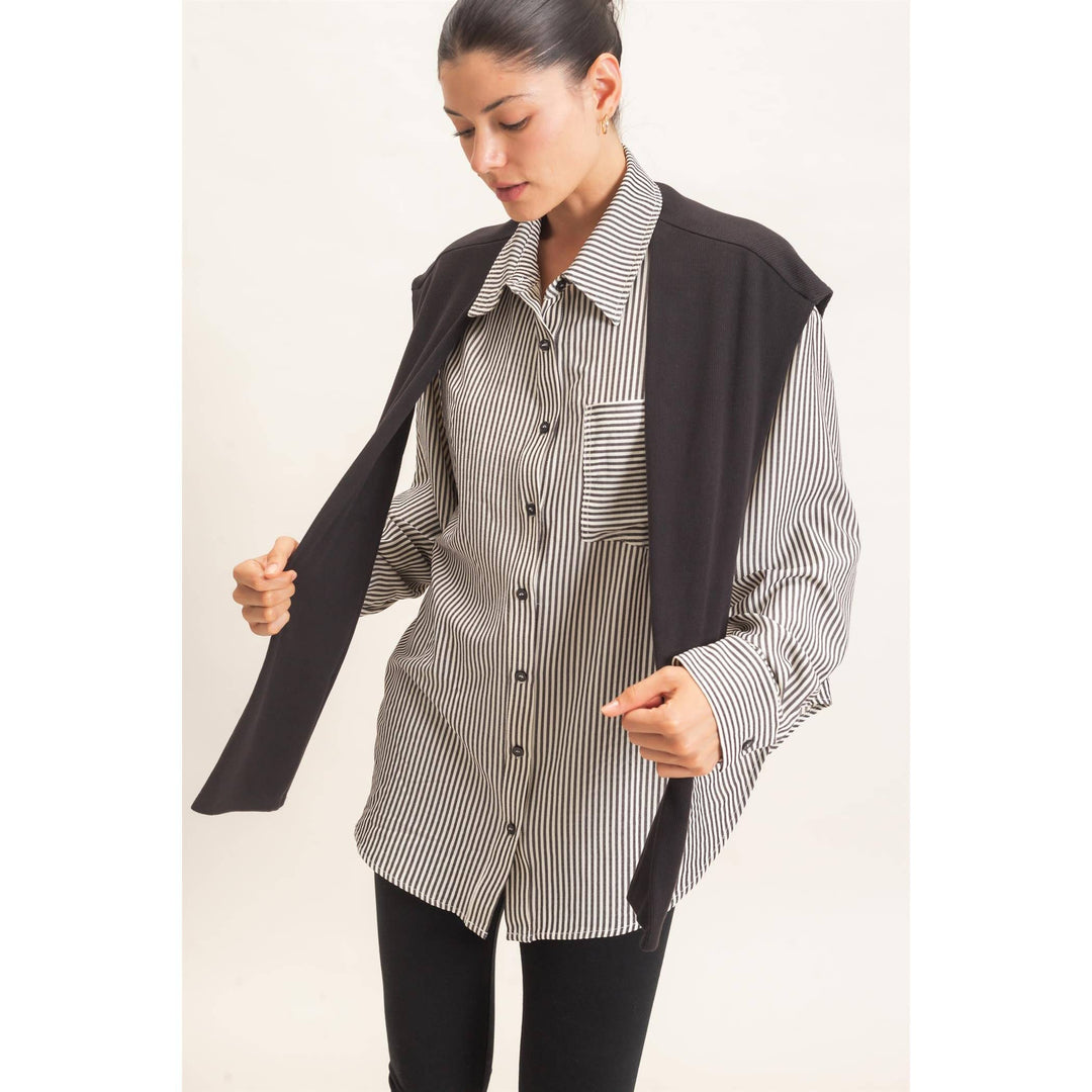 Striped Button-Up Shirt With Faux Tie