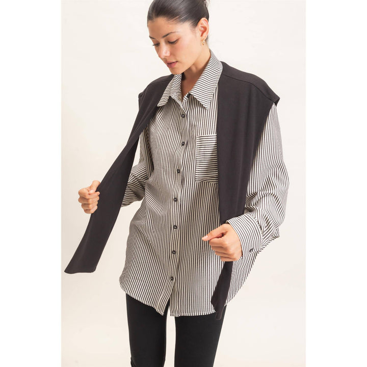 Striped Button-Up Shirt With Faux Tie