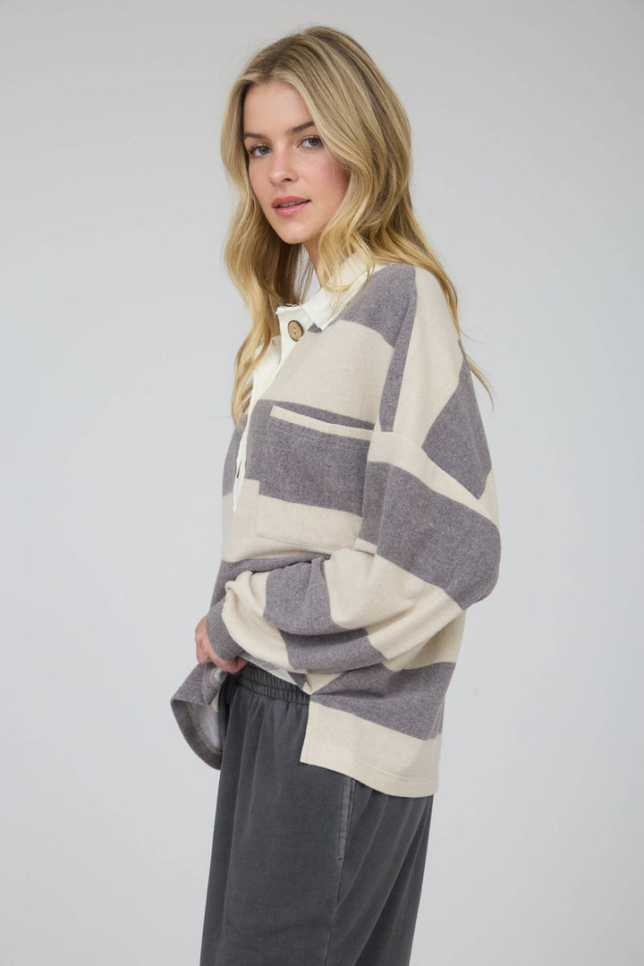 WASHED STRIPE CONTRAST COLLAR LONG SLEEVE KNIT TOP