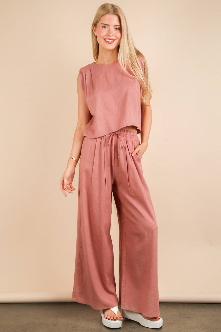 NT12090SET-Solid Woven Top & Pants Set