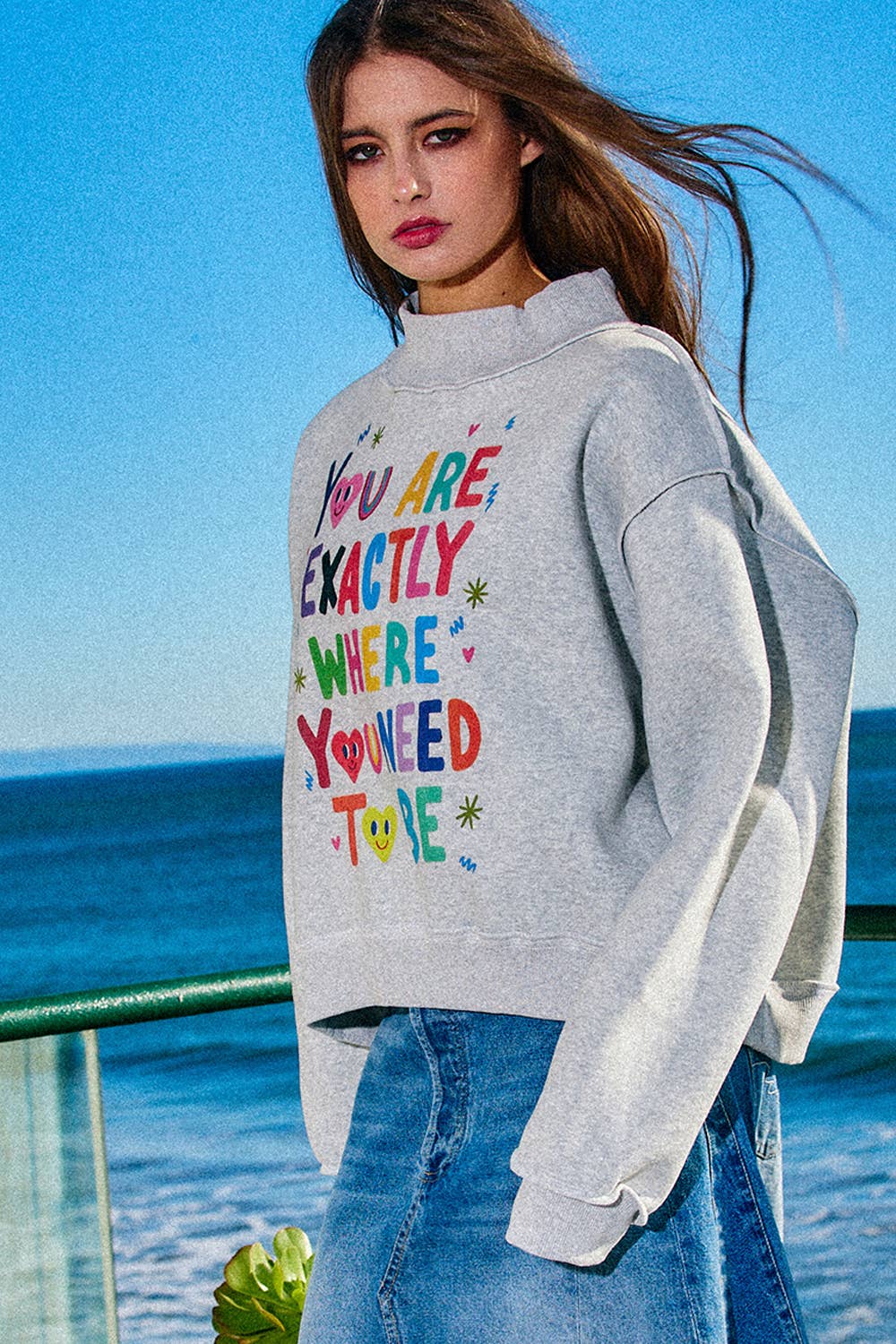 Reversible Graphic Mock-Neck Crop Sweatshirt