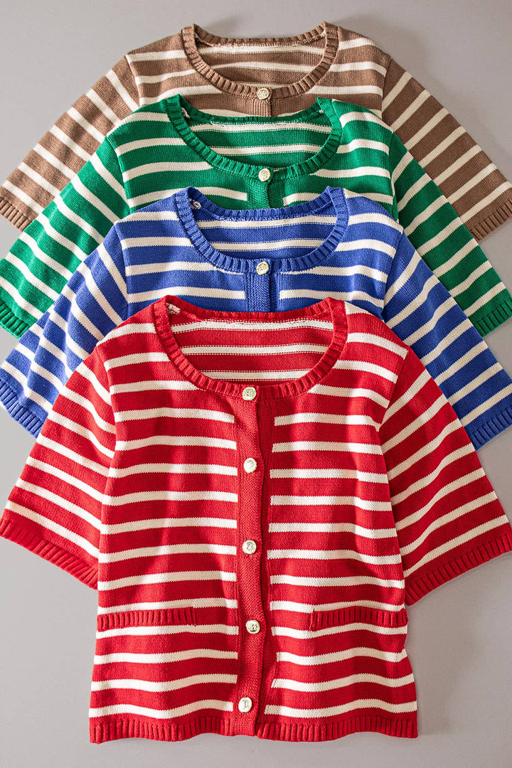 Stripe Button Down Knit Sweater Top Kelly Green