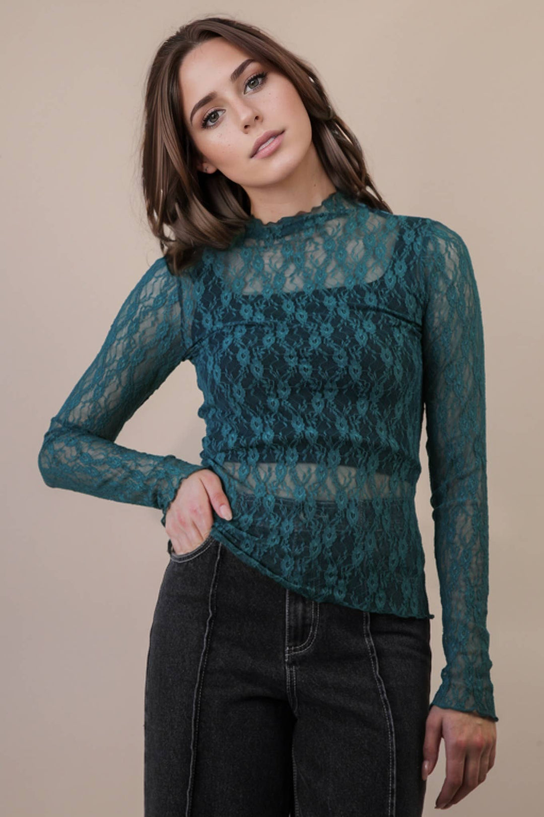 Very J Fitted Sheer Mesh Lace Top