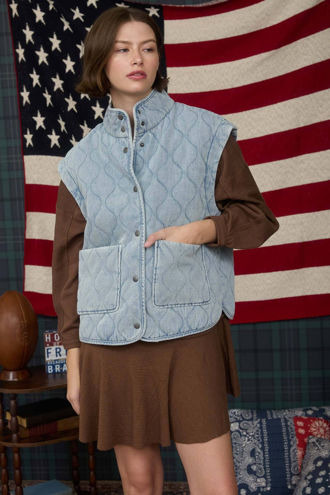WASHED DENIM QUILTED BUTTON DOWN VEST
