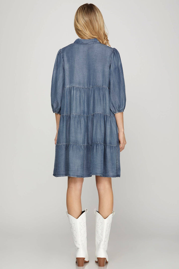 PL6065 - CHAMBRAY TIERED BUTTON DOWN DRESS