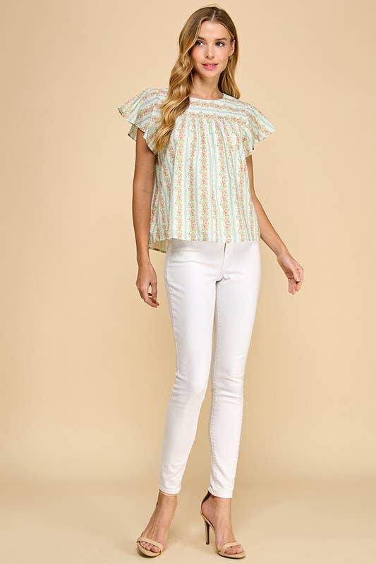 CT8860-Floral Striped Round Neck Ruffle Sleeves Top