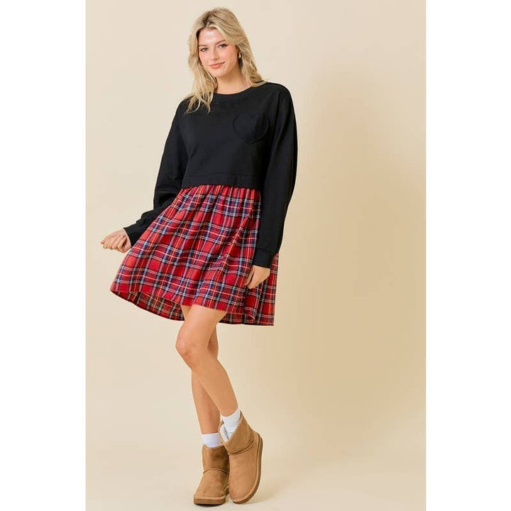 FRENCH TERRY PLAID MINI DRESS
