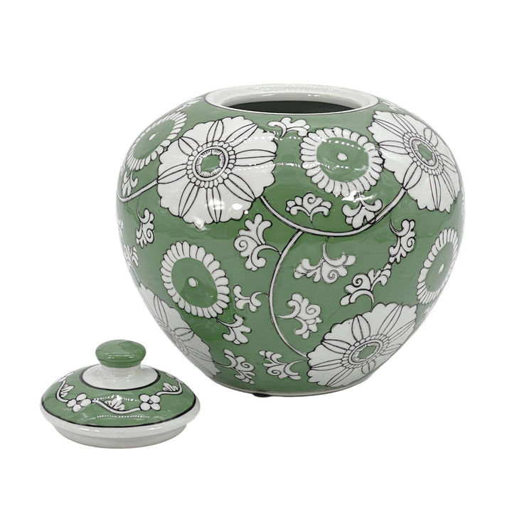 Green & White Floral Ceramic Chinoiserie Ginger Jar 8"
